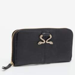 Pre Owned Roberto Cavalli Black Leather Snake Logo Zip Around Wallet