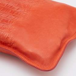Pre Owned Roberto Cavalli Orange Leather Zip Wristlet Pouch