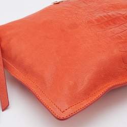 Pre Owned Roberto Cavalli Orange Leather Zip Wristlet Pouch