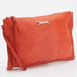 Pre Owned Roberto Cavalli Orange Leather Zip Wristlet Pouch