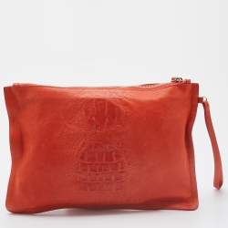 Pre Owned Roberto Cavalli Orange Leather Zip Wristlet Pouch