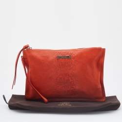 Pre Owned Roberto Cavalli Orange Leather Zip Wristlet Pouch