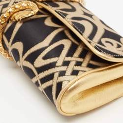 Roberto Cavalli Gold/Black Printed Satin and Leather Clutch