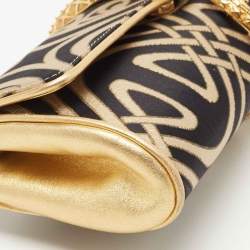 Roberto Cavalli Gold/Black Printed Satin and Leather Clutch