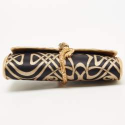Roberto Cavalli Gold/Black Printed Satin and Leather Clutch