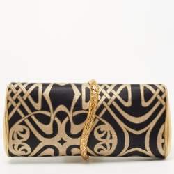 Roberto Cavalli Gold/Black Printed Satin and Leather Clutch