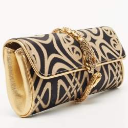 Roberto Cavalli Gold/Black Printed Satin and Leather Clutch