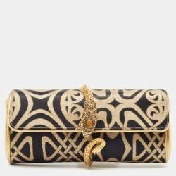 Roberto Cavalli Gold/Black Printed Satin and Leather Clutch