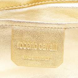 Roberto Cavalli Gold/Black Printed Satin and Leather Clutch