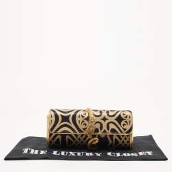 Roberto Cavalli Gold/Black Printed Satin and Leather Clutch
