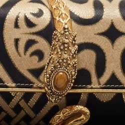 Roberto Cavalli Gold/Black Printed Satin and Leather Clutch