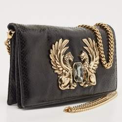 Pre Owned Roberto Cavalli Black Karung Leather Crystal Chain Clutch