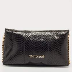 Pre Owned Roberto Cavalli Black Karung Leather Crystal Chain Clutch