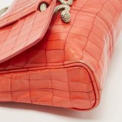 Pre Owned Roberto Cavalli Red Crocodile Embossed Leather Serpenti Flap Chain Bag