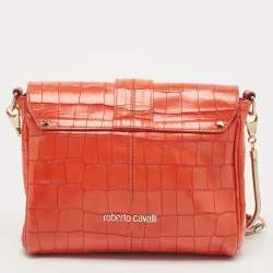 Pre Owned Roberto Cavalli Red Crocodile Embossed Leather Serpenti Flap Chain Bag