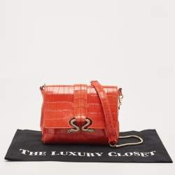 Pre Owned Roberto Cavalli Red Crocodile Embossed Leather Serpenti Flap Chain Bag