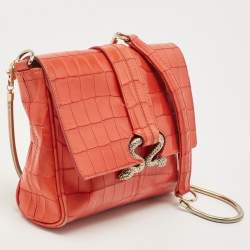 Pre Owned Roberto Cavalli Red Crocodile Embossed Leather Serpenti Flap Chain Bag