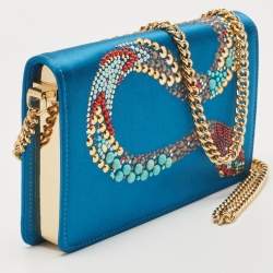 Pre Owned Roberto Cavalli Blue Satin and Leather Embellished Chain Clutch