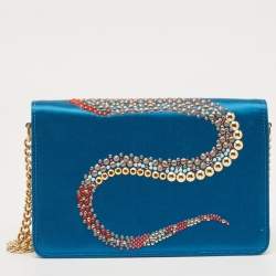 Pre Owned Roberto Cavalli Blue Satin and Leather Embellished Chain Clutch