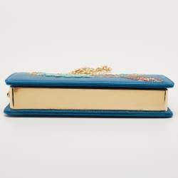 Pre Owned Roberto Cavalli Blue Satin and Leather Embellished Chain Clutch