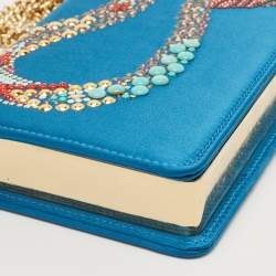 Pre Owned Roberto Cavalli Blue Satin and Leather Embellished Chain Clutch