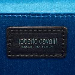 Pre Owned Roberto Cavalli Blue Satin and Leather Embellished Chain Clutch
