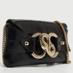 Pre Owned Roberto Cavalli Black Snakeskin Embellished Chain Clutch