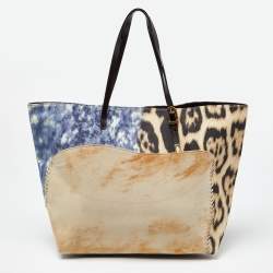 Roberto Cavalli Multicolor Leopard Print Canvas and Leather Shopper Tote