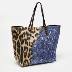 Roberto Cavalli Multicolor Leopard Print Canvas and Leather Shopper Tote