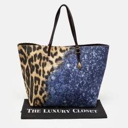 Roberto Cavalli Multicolor Leopard Print Canvas and Leather Shopper Tote
