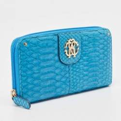 Roberto Cavalli Blue Python Zip Around Continental Wallet