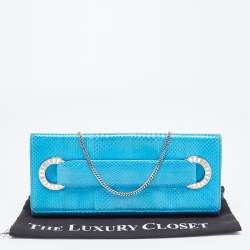 Pre Owned Roberto Cavalli Blue Snakeskin Flap Chain Clutch