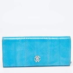 Pre Owned Roberto Cavalli Blue Snakeskin Flap Chain Clutch