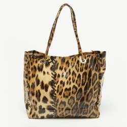 Roberto Cavalli Beige/Black Leopard Print Coated Canvas Snap Tote