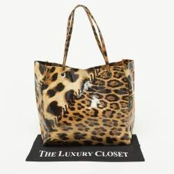 Roberto Cavalli Beige/Black Leopard Print Coated Canvas Snap Tote