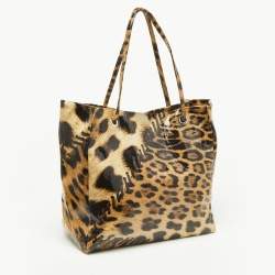 Roberto Cavalli Beige/Black Leopard Print Coated Canvas Snap Tote