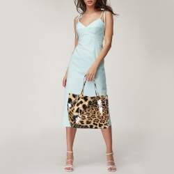 Roberto Cavalli Beige/Black Leopard Print Coated Canvas Snap Tote