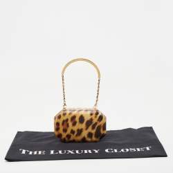 Pre Owned Roberto Cavalli Tan/Brown Leopard Print Leather Box Clutch