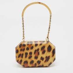 Pre Owned Roberto Cavalli Tan/Brown Leopard Print Leather Box Clutch