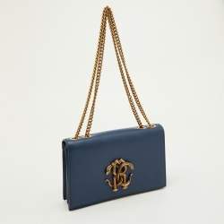 Pre Owned Roberto Cavalli Navy Blue Leather RC Monogram Flap Chain Bag