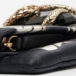 Pre Owned Roberto Cavalli Black Printed Satin Snake Embellished Foldover Clutch