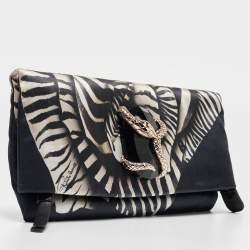 Pre Owned Roberto Cavalli Black Printed Satin Snake Embellished Foldover Clutch