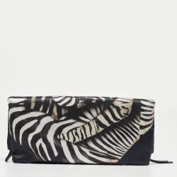Pre Owned Roberto Cavalli Black Printed Satin Snake Embellished Foldover Clutch