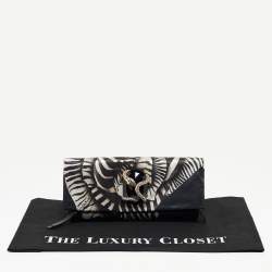 Pre Owned Roberto Cavalli Black Printed Satin Snake Embellished Foldover Clutch
