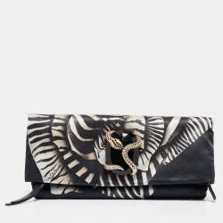Pre Owned Roberto Cavalli Black Printed Satin Snake Embellished Foldover Clutch