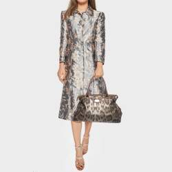 Pre Owned Roberto Cavalli Metallic/Brown Leopard Print Coated Canvas and Leather Zip Tote