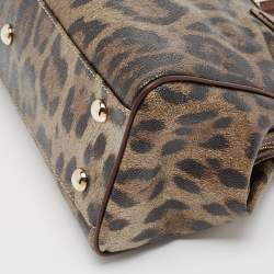 Pre Owned Roberto Cavalli Metallic/Brown Leopard Print Coated Canvas and Leather Zip Tote