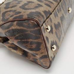 Pre Owned Roberto Cavalli Metallic/Brown Leopard Print Coated Canvas and Leather Zip Tote