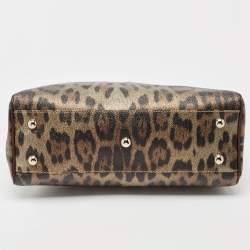 Pre Owned Roberto Cavalli Metallic/Brown Leopard Print Coated Canvas and Leather Zip Tote