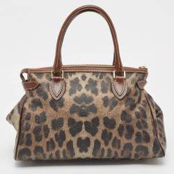 Pre Owned Roberto Cavalli Metallic/Brown Leopard Print Coated Canvas and Leather Zip Tote